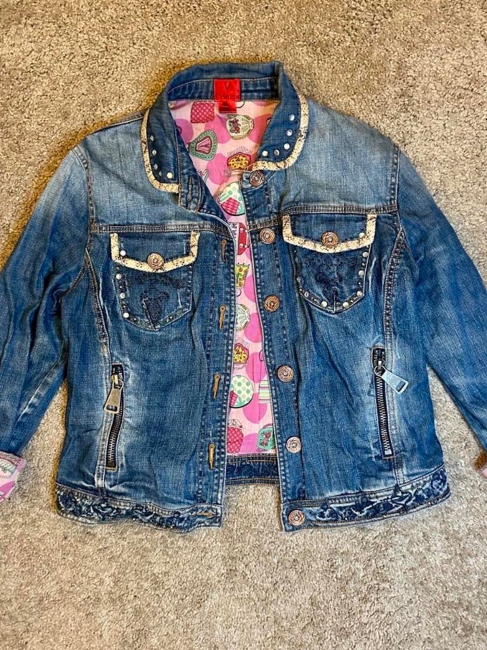 V Christina Sequin Blue Denim Jacket with Pink Colorful Inside